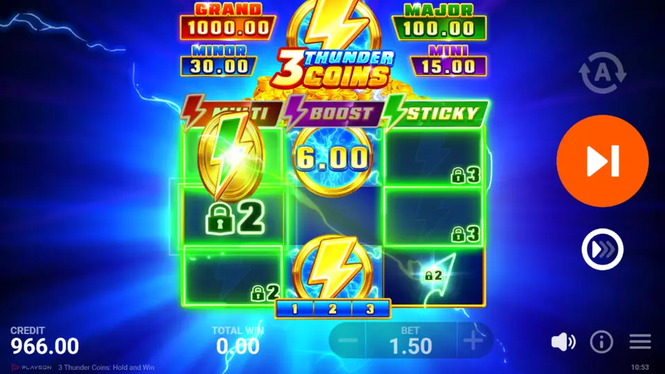 3 Thunder Coins Hold and Win bonus game grid with respin counter and feature coins