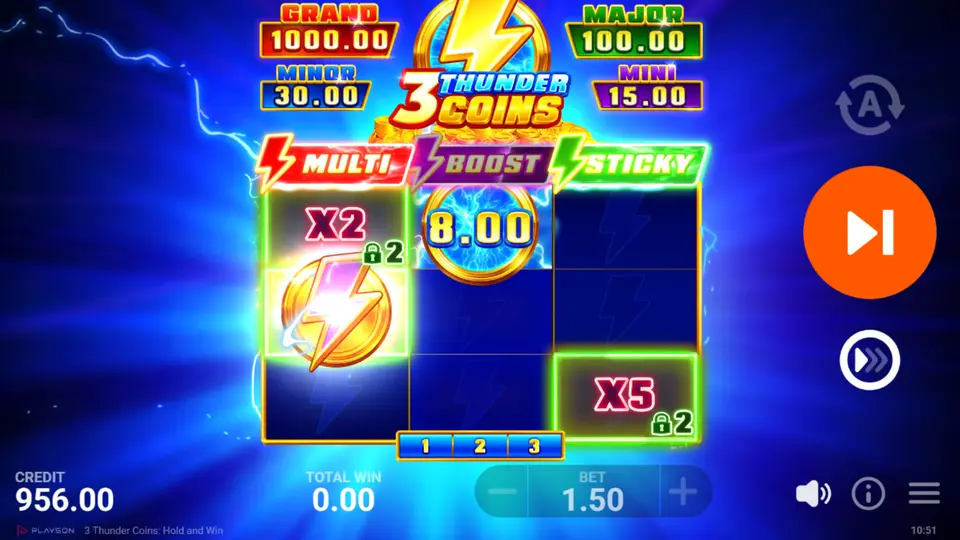 3 Thunder Coins Hold and Win Extra Feature Coin transforming into a colored feature coin