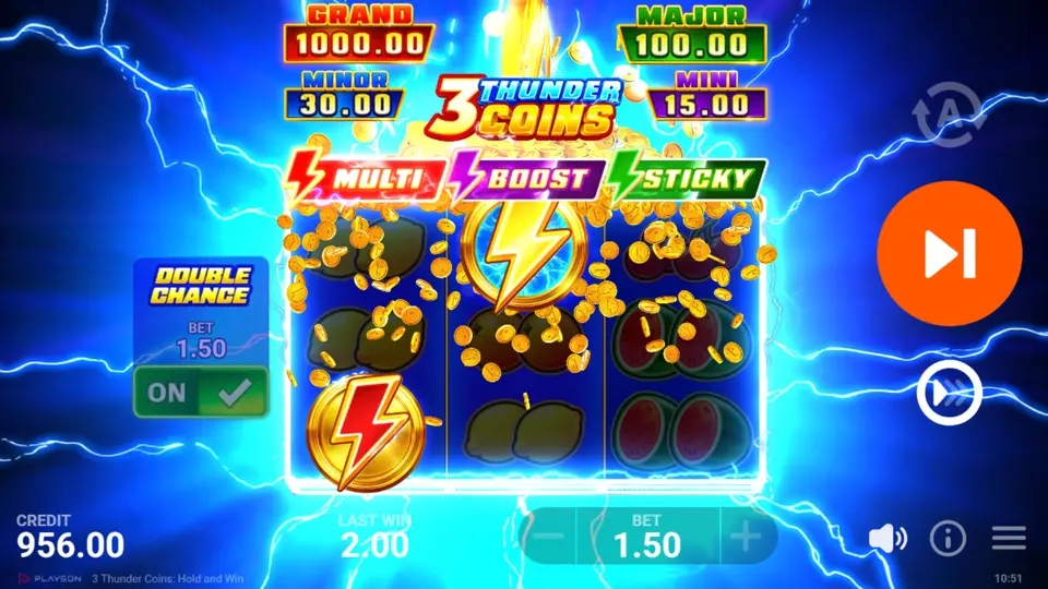 3 Thunder Coins MULTI BOOST and STICKY feature coins with multiplier values on the grid