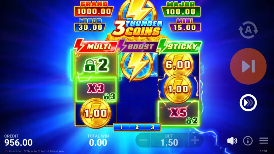 3 Thunder Coins Hold and Win bonus game grid with red MULTI and green STICKY feature coins