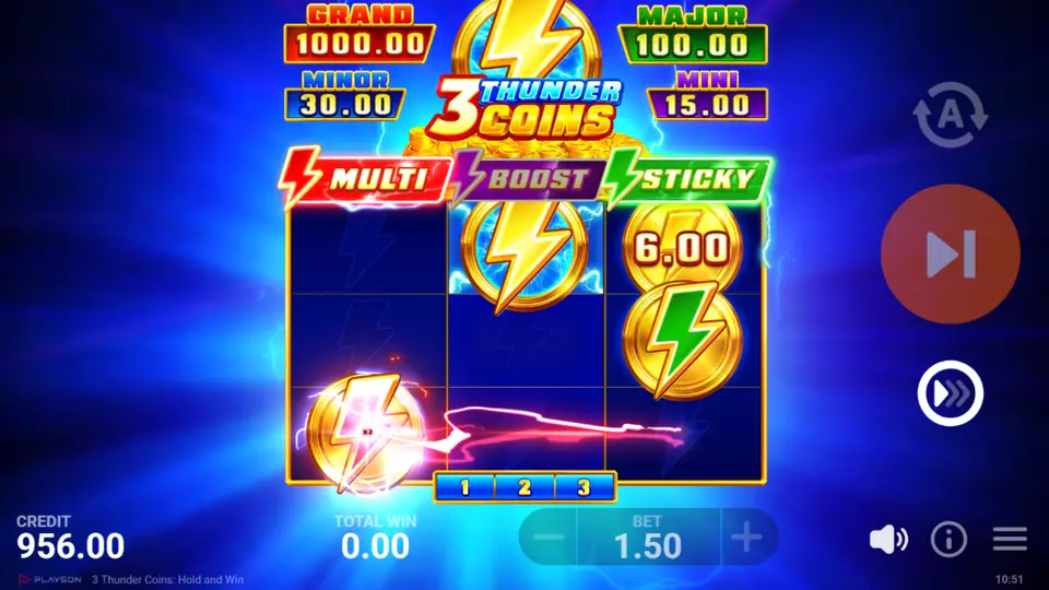 3 Thunder Coins bonus game with only MULTI multipliers active above the reels