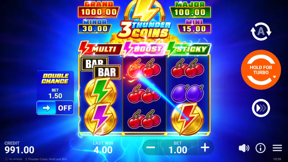 3 Thunder Coins Hold and Win Thunder Feature collecting multiple coin values into one win